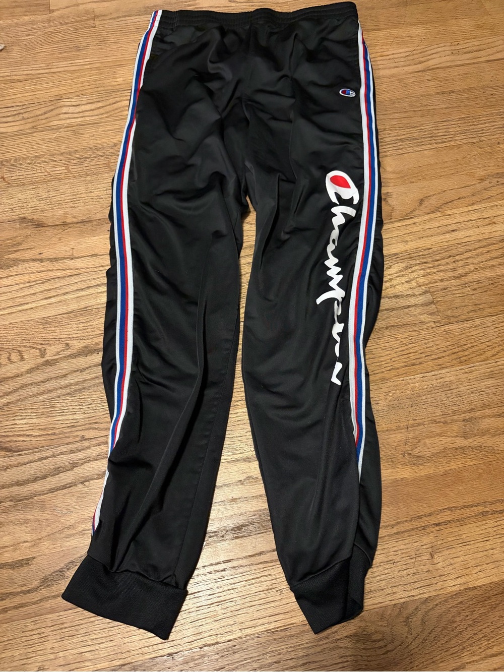 Champion Black Joggers with Red-White-Blue Side Stripes boys size XL